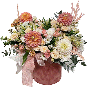 White Dahlia - 1, Baltica White Spray Chrysanthemum - 1, Santini White Spray Chrysanthemum - 1, Alstromeria white, soft pink - 13, Spray rose: white, cream, light pink 50 cm - 5, White Matthiola - 3, Dahlia - 3, Round flower box medium, Oasis, Eucalyptus, Dried flowers in assortment, Ribbon