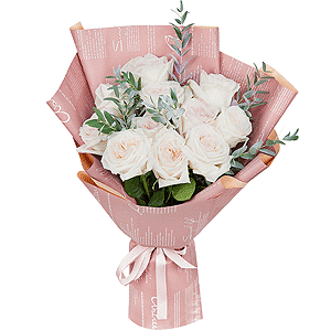 Peony style roses - 15, Eucalyptus populus (1 pc.), Wrapping Paper, Ribbon