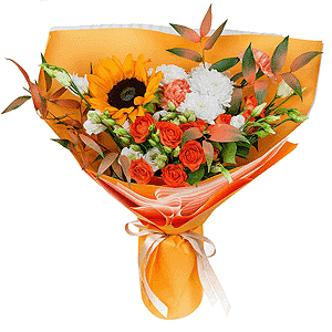 Sunflower - 2, Orange carnation - 3, lisianthus - 4, Baltica White Spray Chrysanthemum - 2, Spray rose: yellow, orange 50 cm - 4, Ruscus italian, Wrapping Paper