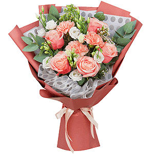 Peony rose Kahala 50 cm - 7, Pink carnation - 4, lisianthus - 4, Waxflower (1 pc.), Eucalyptus Cinerea, Wrapping Paper