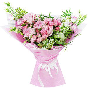 Peony rose pink 'OHara' - 7, Pink Lisianthus (Eustoma) - 3, Spray rose: white, cream, light pink 50 cm - 3, Alstromeria white, soft pink - 3, White Matthiola - 3, Hypericum, Waxflower (1 pc.), Wrapping Paper, Pistachio
