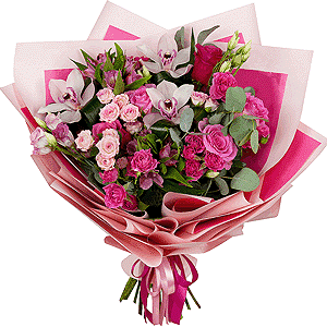 Pink rose 50 cm - 8, Pink Lisianthus (Eustoma) - 4, Alstromeria Red, Bright Pink - 3, Bright pink spray rose mix, 50 cm - 10, White Cymbidium Orchid Bud - 4, Eucalyptus Cinerea, Flask for orchids, Aspidistra (1 pc.), Wrapping Paper