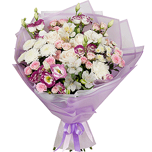 White rose 50 cm - 4, Bright pink spray rose mix, 50 cm - 7, Alstromeria white, soft pink - 3, Pink Lisianthus (Eustoma) - 6, Athos poms Stallion - 2, Baltica White Spray Chrysanthemum - 2, Carnation white, cream - 3, Wrapping Paper