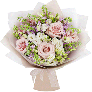 Matthiola Lilac - 12, lisianthus - 4, Rose Powder 50 cm Ecuador (Quicksand, Menta) - 9, Wrapping Paper