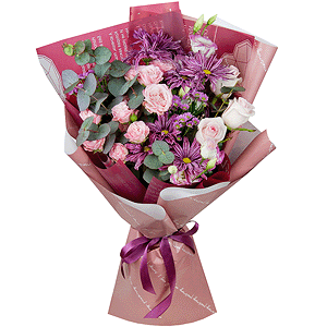 Bacardi Pink Spray Chrysanthemum - 3, Pink rose 50 cm - 5, Bright pink spray rose mix, 50 cm - 3, Daisy poms Santini pink, purple - 3, Pink Lisianthus (Eustoma) - 2, Eucalyptus Cinerea, Wrapping Paper
