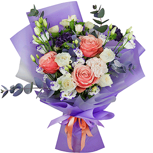 Peony rose Kahala 50 cm - 5, Purple Lisianthus (Eustoma) - 4, Lilac carnation - 2, Spray rose: white, cream, light pink 50 cm - 3, White rose 50 cm - 6, Carnation white, cream - 2, Eucalyptus Cinerea, Wrapping Paper