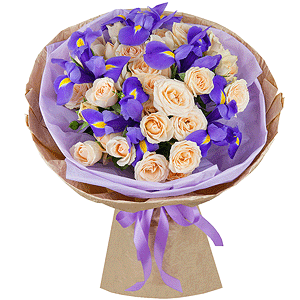 Spray rose: white, cream, light pink 50 cm - 8, Irises - 7, Wrapping Paper