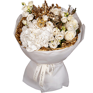 White rose 50 cm Ecuador - 5, lisianthus - 4, Spray rose: white, cream, light pink 50 cm - 1,  White Hydrangea - 1, Pistachio, Decorative crown, Wrapping Paper