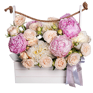 Peony pink - 3, Peony white - 4, Spray rose: white, cream, light pink 50 cm - 5, Wooden pot, Oasis, Ribbon