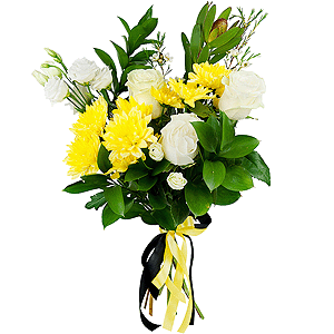 Baltica Yellow Spray Chrysanthemum - 3, White rose 50 cm - 4, lisianthus - 2, Leukodendron, Waxflower (1 pc.), Ruscus, Ribbon