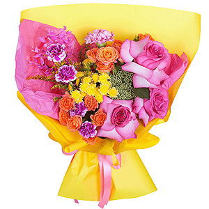 Athos poms Stallion - 3, Spray rose: yellow, orange 50 cm - 3, Pink carnation - 2, Rose Pink 50 cm Ecuador (Chelo, Hermosa, Novia, Titanik, Engagement, Pink Mondiale) - 5, Pink spray carnation - 4, Sedum, Dried flowers decor, Wrapping Paper