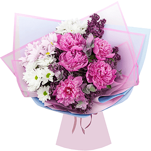 Peony pink - 7, Lilac Bush - 5, Bacardi White Spray Chrysanthemum - 4, Bacardi Pink Spray Chrysanthemum - 2, Eucalyptus Cinerea, Wrapping Paper, Ribbon, Eucalyptus