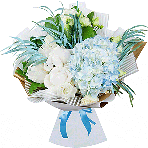 Blue/purple hydrangea - 3, Peony white - 5, lisianthus - 3, Eucalyptus, Salal, Wrapping Paper
