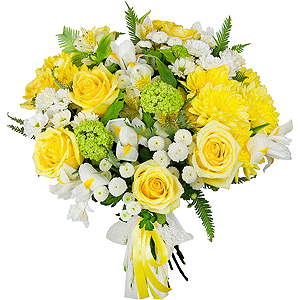 White iris - 11, Alstromeria Yellow, Orange - 5, Yellow rose 50 cm - 9, Baltica Yellow Spray Chrysanthemum - 5, Santini White Spray Chrysanthemum - 7, Baltica White Spray Chrysanthemum - 3, Ambrella, Viburnum, Ribbon