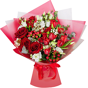Red rose 50 cm - 5, lisianthus - 4, Spray rose: red 50 cm - 3, Red tulip - 10, Waxflower (1 pc.), Hypericum, Eucalyptus Cinerea, Wrapping Paper