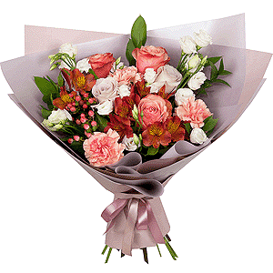 Peony rose Kahala 50 cm - 5, Pink rose 50 cm - 4, Pink carnation - 5, Alstromeria Red, Bright Pink - 3, lisianthus - 3, Ruscus, Hypericum, Wrapping Paper
