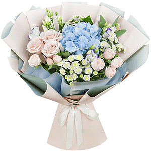 Blue/purple hydrangea - 2, Rose Powder 50 cm Ecuador (Quicksand, Menta) - 5, Spray rose: white, cream, light pink 50 cm - 4, Purple Lisianthus (Eustoma) - 4, Athos poms Stallion - 4, Eucalyptus populus (1 pc.), Wrapping Paper