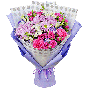 Bright pink spray rose mix, 50 cm - 6, Bacardi Pink Spray Chrysanthemum - 4, Pink carnation - 3, Purple Lisianthus (Eustoma) - 4, Athos poms Stallion - 3, Wrapping Paper, Ribbon