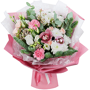 Baltica White Spray Chrysanthemum - 4, White rose 50 см. - 5, Bright pink spray rose mix, 50 cm - 4, Pink carnation - 3, Pink Cymbidium Orchid Bud - 2, lisianthus - 3, Spruce branches (1pc.), Flask for orchids, Aspidistra (1 pc.), Eucalyptus Cinerea, Christmas decor (set), Wrapping Paper, Waxflower (1 pc.)
