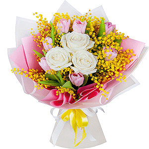 White rose 50 cm - 7, Pink tulip - 10, Mimosa - 4, Wrapping Paper, Ribbon