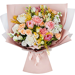Spray rose: white, cream, light pink 50 cm - 4, White rose 50 cm - 5, Pink carnation - 4, lisianthus - 3, Pink tulip - 5, Mimosa - 2, White Matthiola - 3, Wrapping Paper
