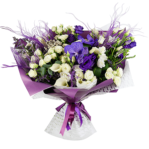 Vanda Orchid bud - 5, Calla lilies - 7, Spray rose: white, cream, light pink 50 cm - 21, lisianthus - 4, Purple Lisianthus (Eustoma) - 4, Flask for orchids, Aspidistra (1 pc.), Veronica spray, Limonium (1 pc.), Eucalyptus Cinerea, Ozotamnus, Dried flowers decor, Wrapping Paper