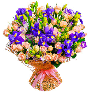 Spray rose: white, cream, light pink 50 cm - 11, Irises - 12, Purple Lisianthus (Eustoma) - 7, Mesh (Abaka), Ribbon