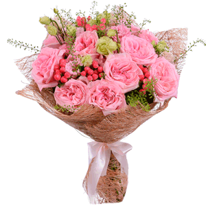 David Austin peonyroses - 15, Pink Lisianthus (Eustoma) - 8, Green bell (1 pc.), Hypericum, Mesh (Abaka), Ribbon