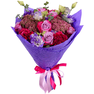 Deep Purple rose - 13, Carnation red - 6, Purple Lisianthus (Eustoma) - 7, Eucalyptus baby blue (1 pc.), Blue Statice, Felt, Ribbon, Sedum