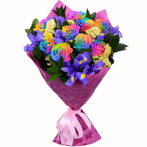 Arrangement of rainbow roses with blue irises with delivery Ryazan