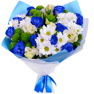 Rose blue - 17, Bacardi White Spray Chrysanthemum - 6, Athos pom Feeling Green - 4, lisianthus - 8, Pittosporum, Felt, Wrapping Paper, Ribbon