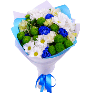 Rose blue - 9, Bacardi White Spray Chrysanthemum - 6, Athos pom Feeling Green - 4, lisianthus - 7, Pittosporum, Felt, Wrapping Paper, Ribbon