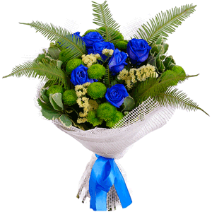 Rose blue - 13, Athos pom Feeling Green - 5, Pittosporum, Yellow Statice, Ambrella, Jute 1 meter, Ribbon