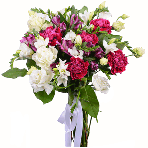 Freesia - 17, Pink carnation - 8, Alstromeria lilac, purple - 7, lisianthus - 5, Salal, Ribbon
