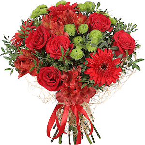 Gerbera red - 4, Red rose 50 cm - 7, Alstromeria Red, Bright Pink - 4, Athos pom Feeling Green - 3, Pistachio, Mesh (Abaka), Ribbon