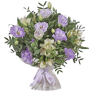 Purple Lisianthus (Eustoma) - 6, Alstromeria white, soft pink - 4, Pistachio, Mesh (Abaka), Ribbon