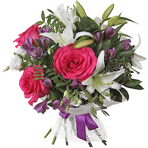 Lilies - 2, Rose Fuchsia 50 cm Ecuador (Pink Floyd, Topaz, Cherry Lady, Gotcha) - 5, Alstromeria lilac, purple - 3, lisianthus - 2, Ruscus, Pistachio, Mesh (Abaka), Ribbon