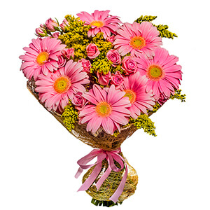Gerbera pink - 11, Bright pink spray rose mix, 50 cm - 13, Solidago (1 pc.), Sisal, Ribbon