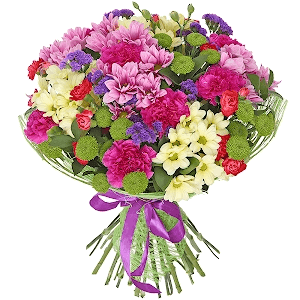Lilac carnation - 9, Bacardi Yellow Spray Chrysanthemum - 5, Athos pom Feeling Green - 3, Pink spray carnation - 7, Bacardi Pink Spray Chrysanthemum - 5, Blue Statice, Ruscus, Sisal, Ribbon