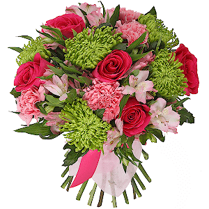 Pink rose 50 cm - 7, Pink carnation - 5, Yellow chrysanthemum  single-headed Anastasia - 6, Alstromeria white, soft pink - 5, Ribbon, Felt