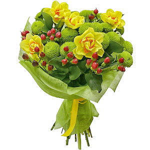 Narcissus - 9, Athos pom Feeling Green - 6, Hypericum, Salal, Felt, Ribbon