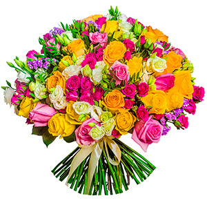lisianthus - 14, Bright pink spray rose mix, 50 cm - 14, Pink rose 50 cm - 15, Yellow rose 50 cm - 30, Pink Statice, Pistachio, Ribbon