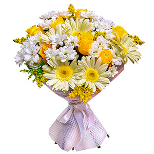 Yellow rose 50 cm - 10, Gerbera yellow - 7, Bacardi White Spray Chrysanthemum - 7, Solidago (1 pc.), Felt, Ribbon