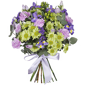 Lilac carnation - 9, Athos poms Green Lizard - 7, Purple Lisianthus (Eustoma) - 4, Irises - 9, Blue Statice, Hypericum, Eucalyptus baby blue (1 pc.), Ribbon