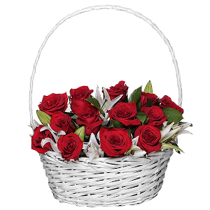 Red rose 50 cm - 21, Lilies - 4, Oasis, Ruscus, Medium Basket