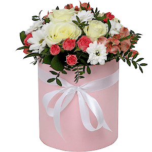 White rose 50 cm - 7, Alstromeria white, soft pink - 3, Bright pink spray rose mix, 50 cm - 6, Bacardi White Spray Chrysanthemum - 3, Ruscus, Pistachio, Round flower box medium, Ribbon, Oasis