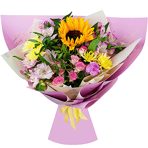 Подсолнух - 1, Хризантема кустовая Балтика желтая - 2, Альстромерия белая, нежно-розовая - 3, Гвоздика кустовая розовая - 3, Роза кустовая розовая, ярко-розовая 50 см - 2, Фисташка, Современная упаковка