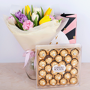 Yellow tulip - 5, Pink tulip - 5, Lilac tulip - 4, Tulip white - 5, Wrapping Paper, Ribbon, Candies 