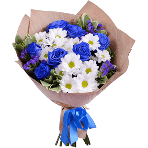 Arrangement of blue roses and chrysanthemums with delivery Ryazan