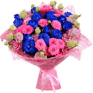 Rose blue - 19, Bright pink spray rose mix, 50 cm - 10, Pink Lisianthus (Eustoma) - 9, Sisal, Ribbon
